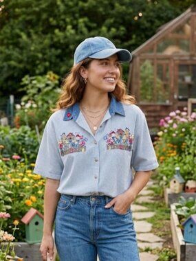 Vintage 90s Lets Quizz Again Embroidered Garden Birdhouse Striped Shirt Medium M